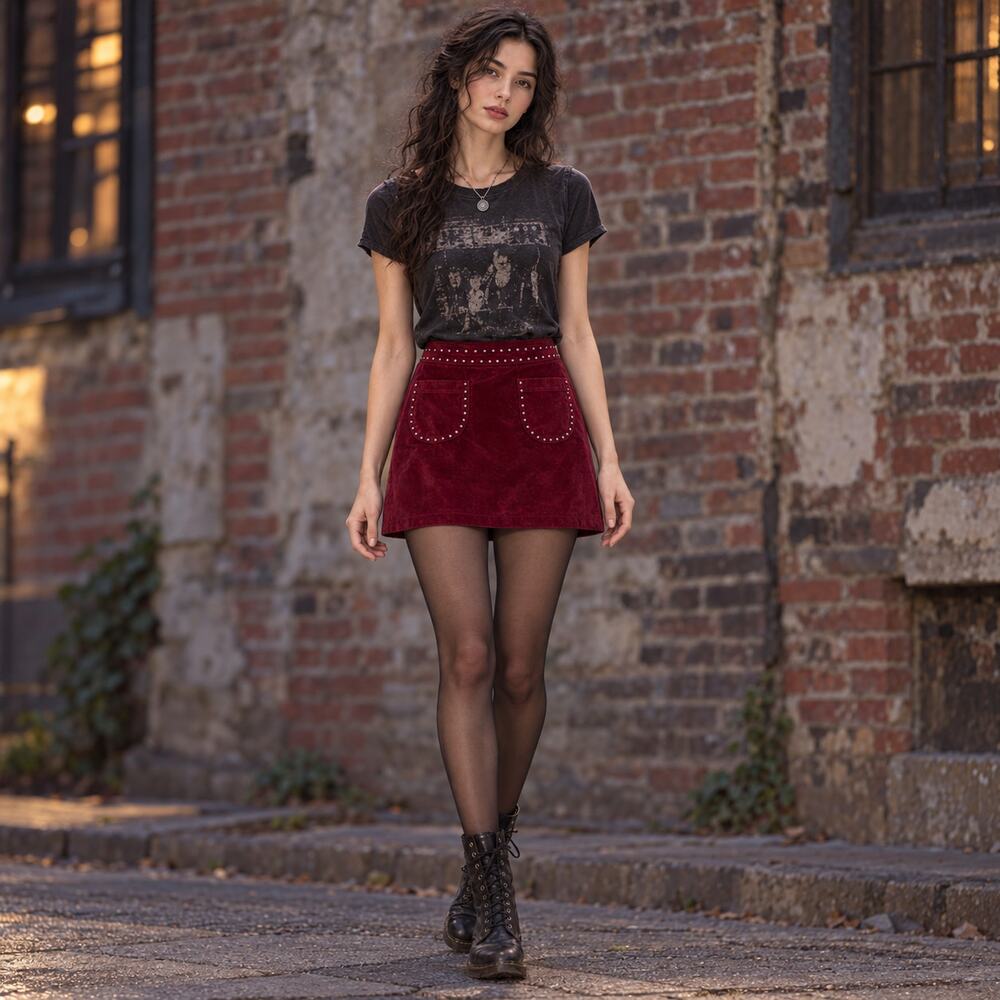 Mossimo Y2K Burgundy Faux Suede Mini Skirt Sz 2 Studs Rocker Grunge Indie Sleaze - Picture 1 of 9
